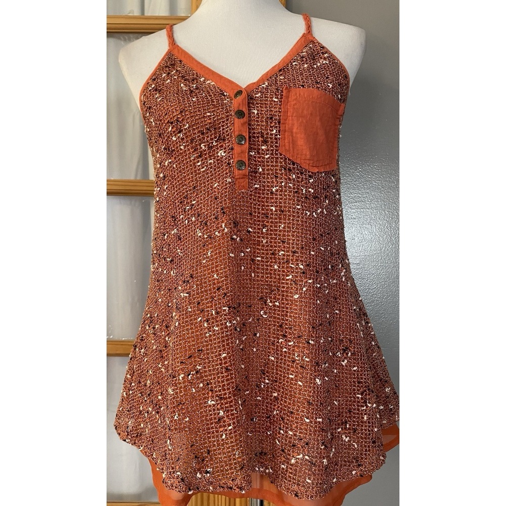 Babydoll Layered Mesh Tank Top Sz S Orange Beige Buttons Braided Strap Lagenlook